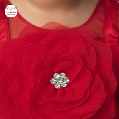 Girls Red Party Wear Frock | Pom-Pom Strap & Flower Design Net Dress