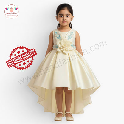 Elegant High-Low Cream Party Wear Frock for Baby Girls with 3D Flower & Embroidered Detailing