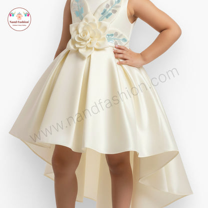 Elegant High-Low Cream Party Wear Frock for Baby Girls with 3D Flower & Embroidered Detailing