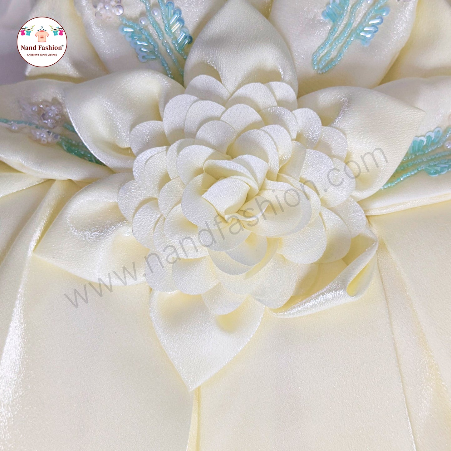 Elegant High-Low Cream Party Wear Frock for Baby Girls with 3D Flower & Embroidered Detailing