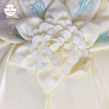 Elegant High-Low Cream Party Wear Frock for Baby Girls with 3D Flower & Embroidered Detailing