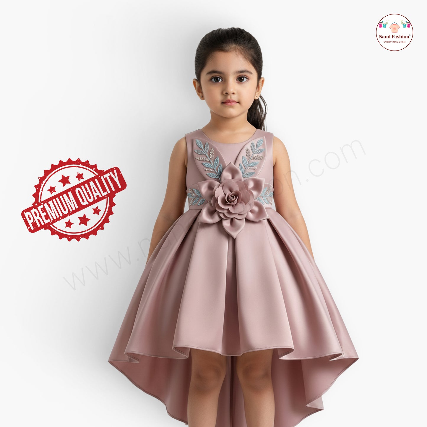 Premium High-Low Baby Girl Party Wear Frock with 3D Flower & Embroidered Design – Pink