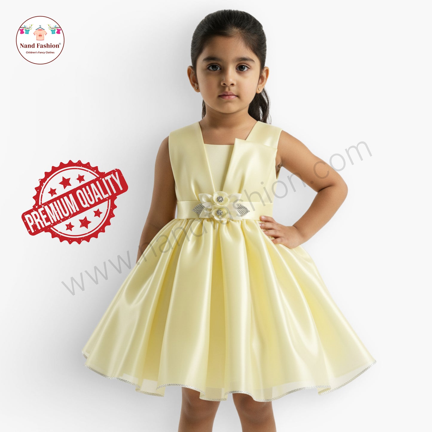 Elegant Satin Baby Girl Party Wear Frock with Floral Waist Design – Light Yellow