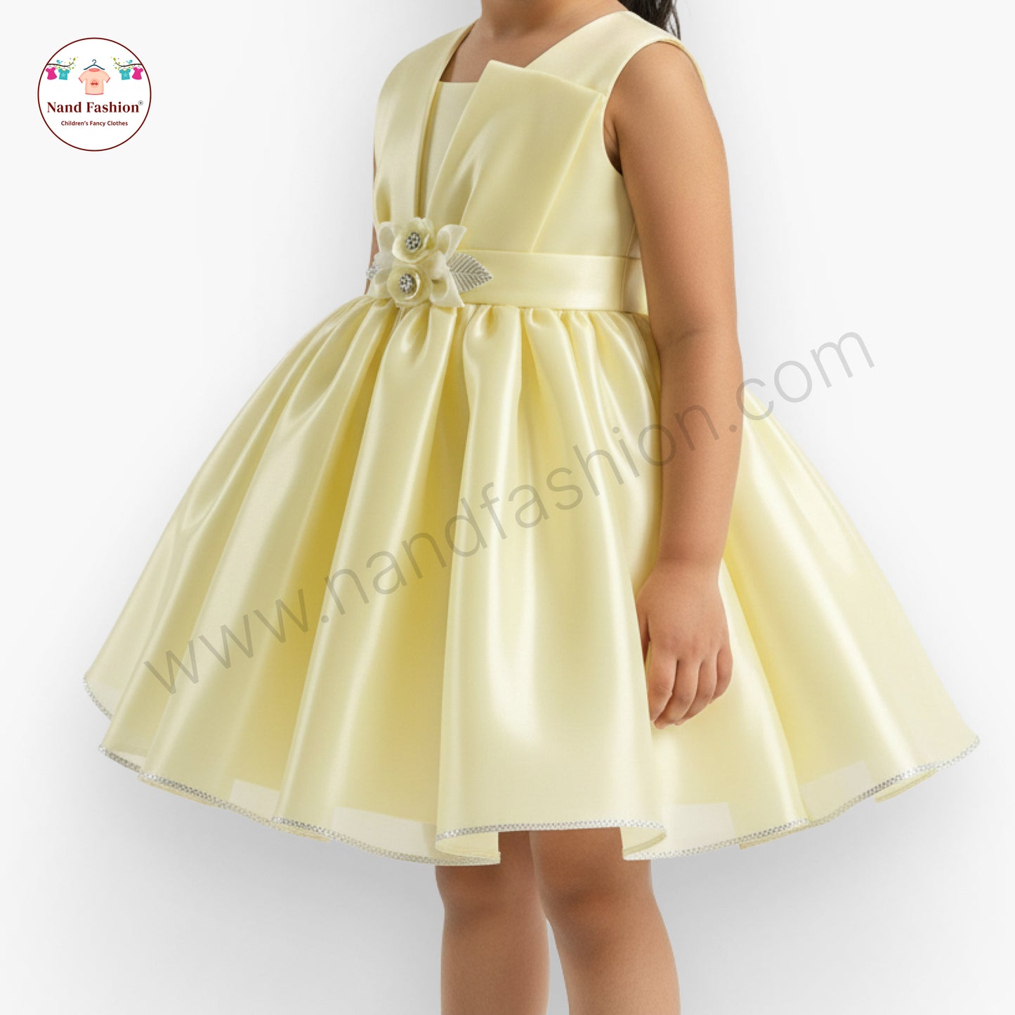 Elegant Satin Baby Girl Party Wear Frock with Floral Waist Design – Light Yellow