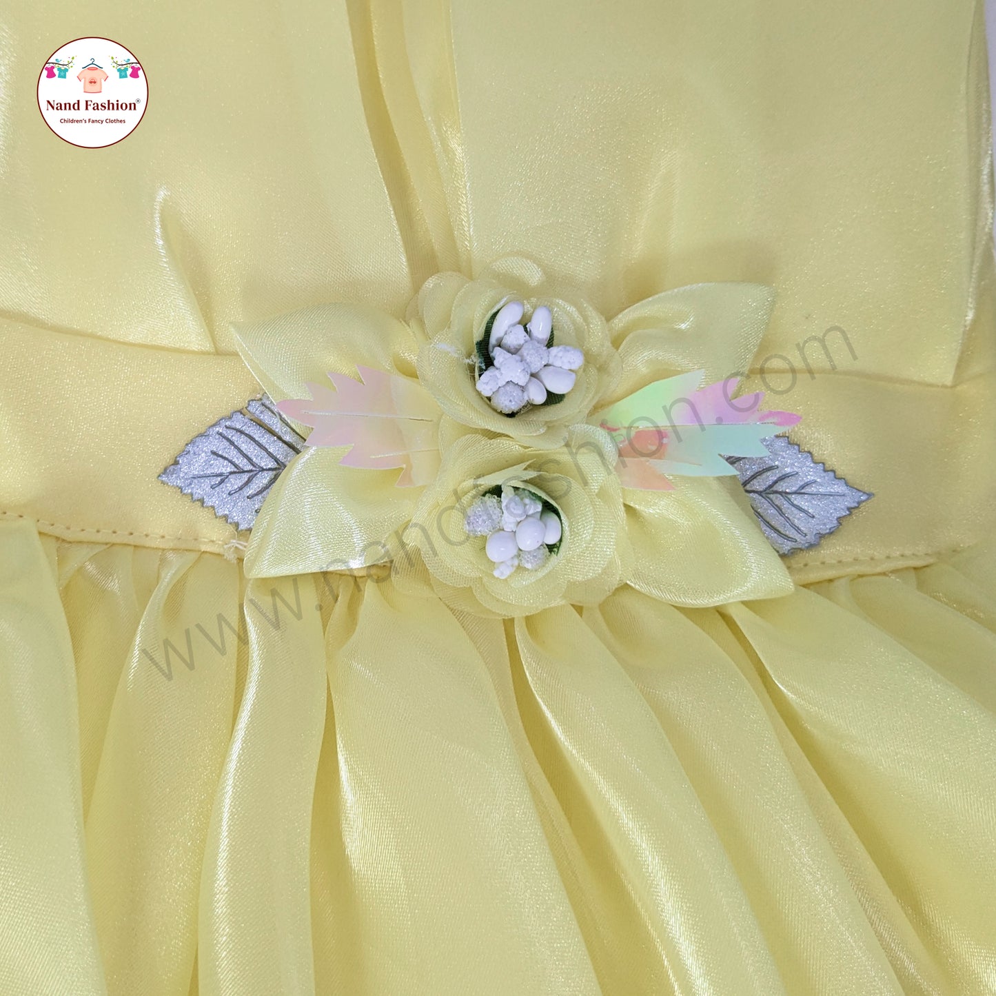 Elegant Satin Baby Girl Party Wear Frock with Floral Waist Design – Light Yellow