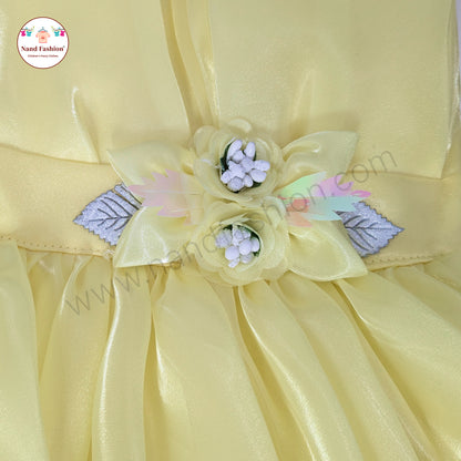 Elegant Satin Baby Girl Party Wear Frock with Floral Waist Design – Light Yellow