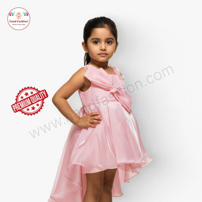Kids High-Low Pink Party Wear Frock | Premium Bow Design Birthday Dress