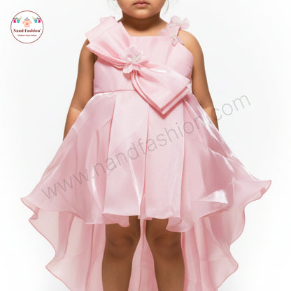 Kids High-Low Pink Party Wear Frock | Premium Bow Design Birthday Dress