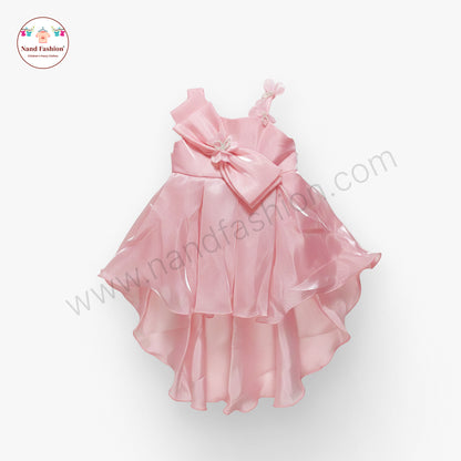 Kids High-Low Pink Party Wear Frock | Premium Bow Design Birthday Dress