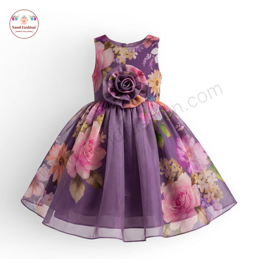 Girls Floral Party Wear Frock | Green & Purple Rose Design Birthday Dress | Premium Organza Gown