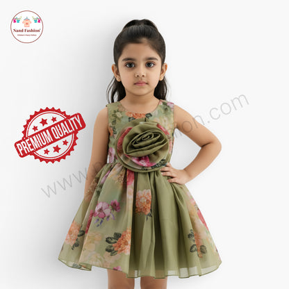 Girls Floral Party Wear Frock | Green & Purple Rose Design Birthday Dress | Premium Organza Gown