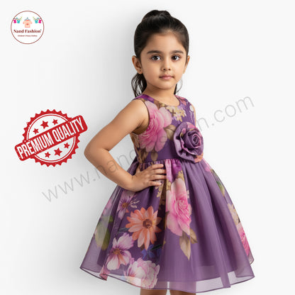Girls Floral Party Wear Frock | Green & Purple Rose Design Birthday Dress | Premium Organza Gown