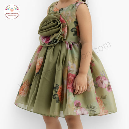 Girls Floral Party Wear Frock | Green & Purple Rose Design Birthday Dress | Premium Organza Gown