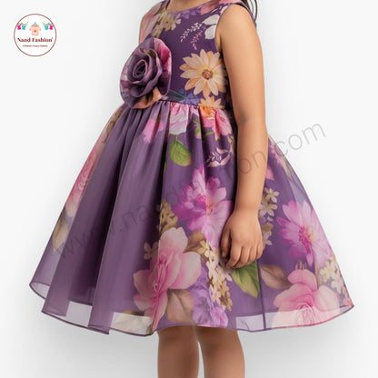 Girls Floral Party Wear Frock | Green & Purple Rose Design Birthday Dress | Premium Organza Gown