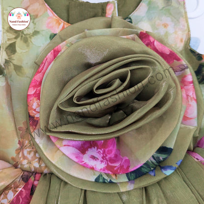 Girls Floral Party Wear Frock | Green & Purple Rose Design Birthday Dress | Premium Organza Gown
