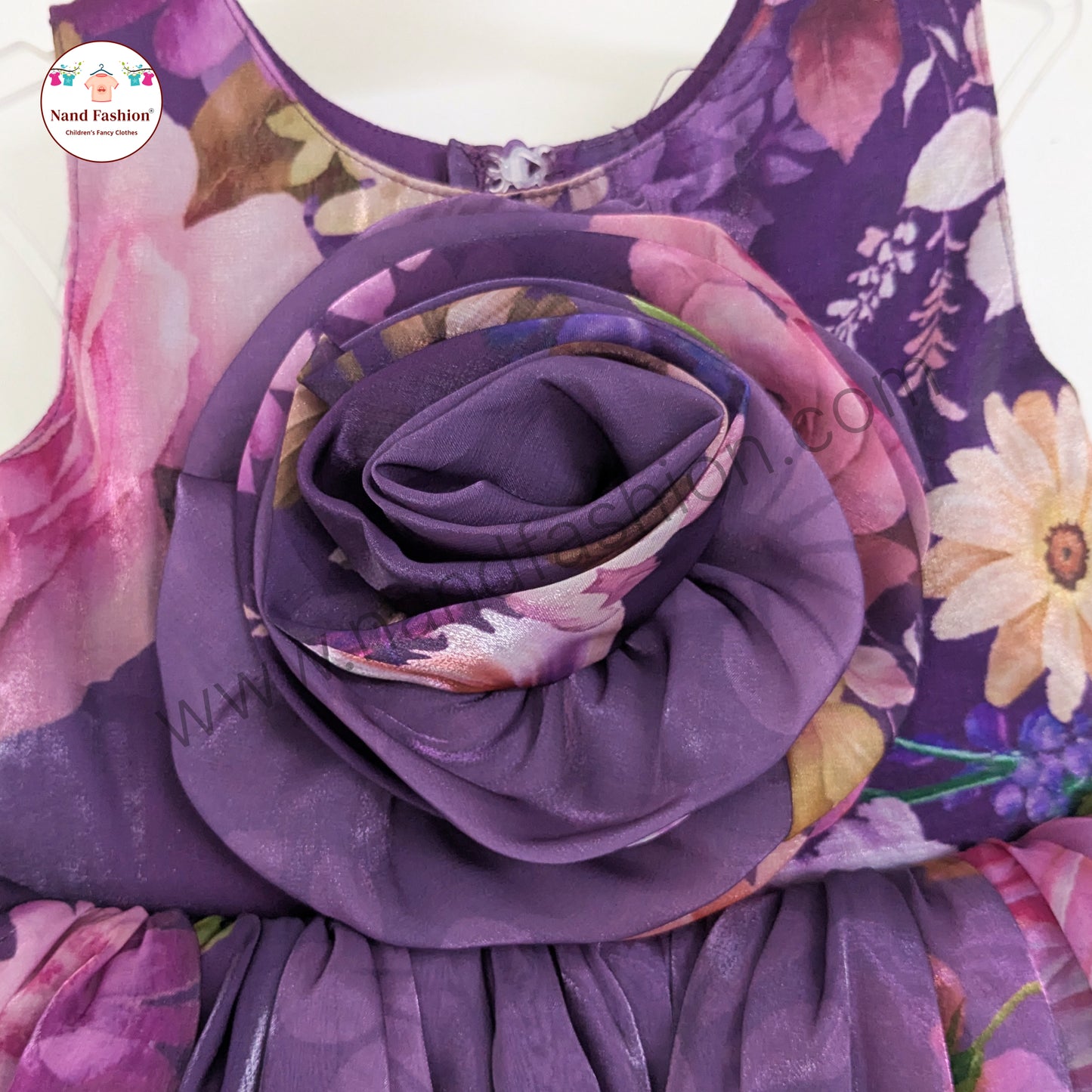 Girls Floral Party Wear Frock | Green & Purple Rose Design Birthday Dress | Premium Organza Gown