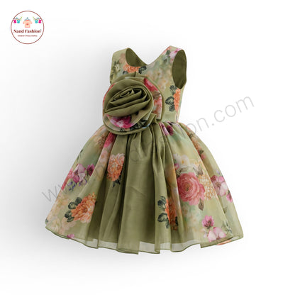 Girls Floral Party Wear Frock | Green & Purple Rose Design Birthday Dress | Premium Organza Gown