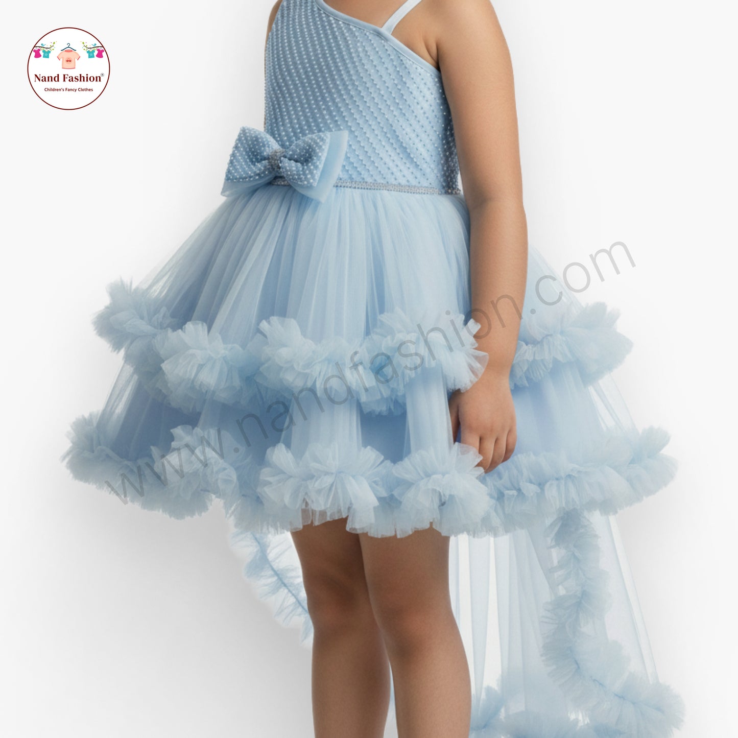 Girls Light Blue Party Wear Frock | Big Flower Design & Glitter Net Birthday Dress