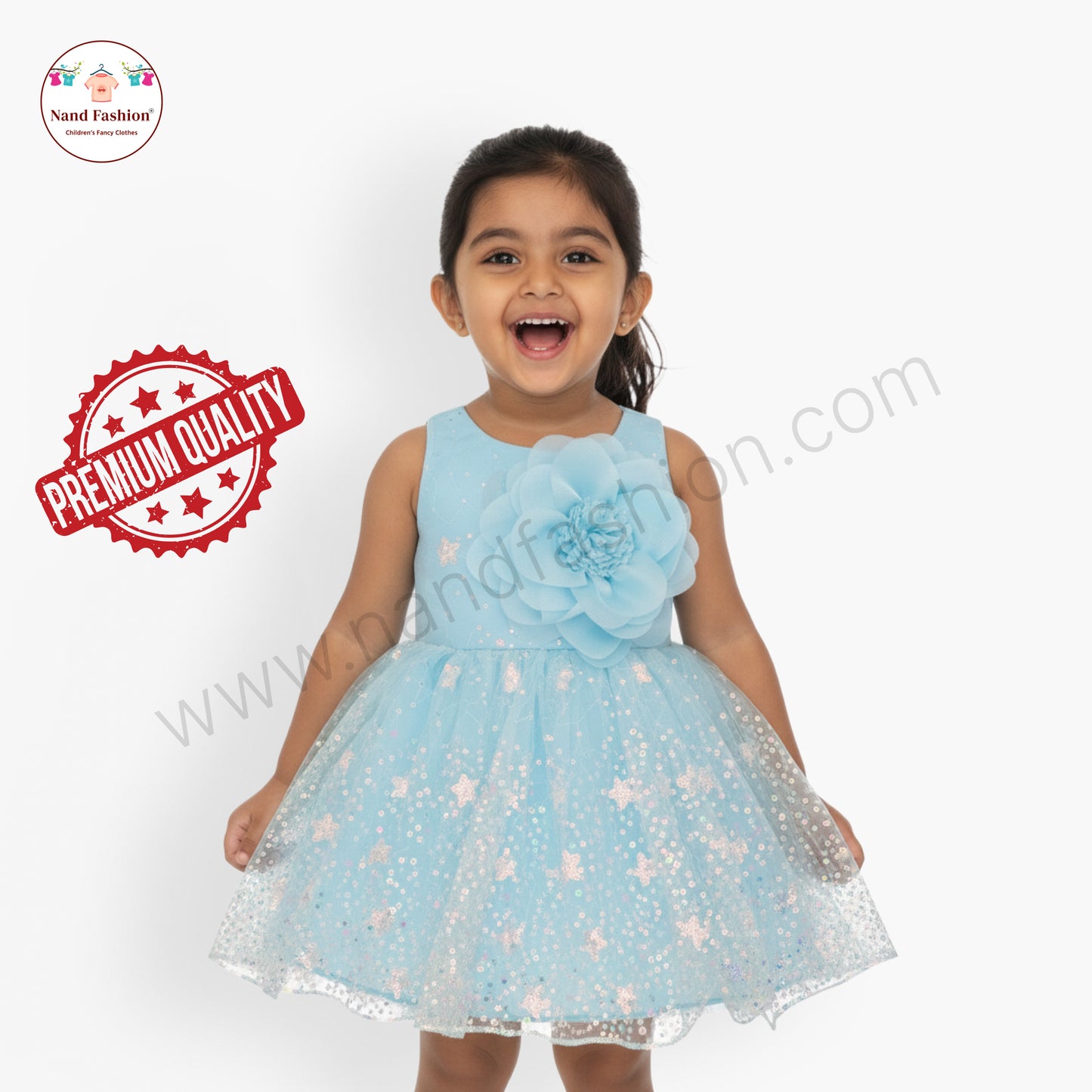 Girls Light Blue Party Wear Frock | Big Flower Design & Glitter Net Birthday Dress