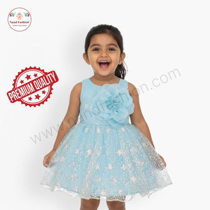 Girls Light Blue Party Wear Frock | Big Flower Design & Glitter Net Birthday Dress