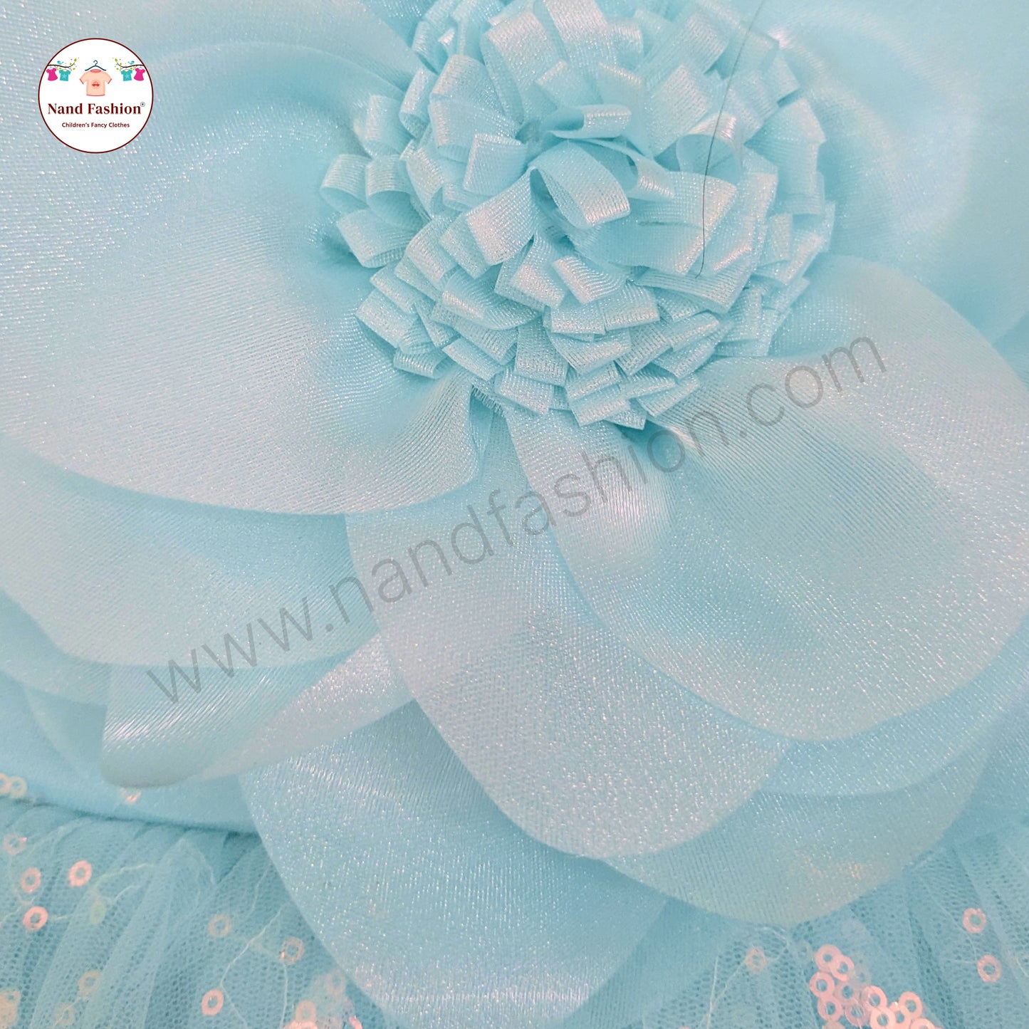 Girls Light Blue Party Wear Frock | Big Flower Design & Glitter Net Birthday Dress