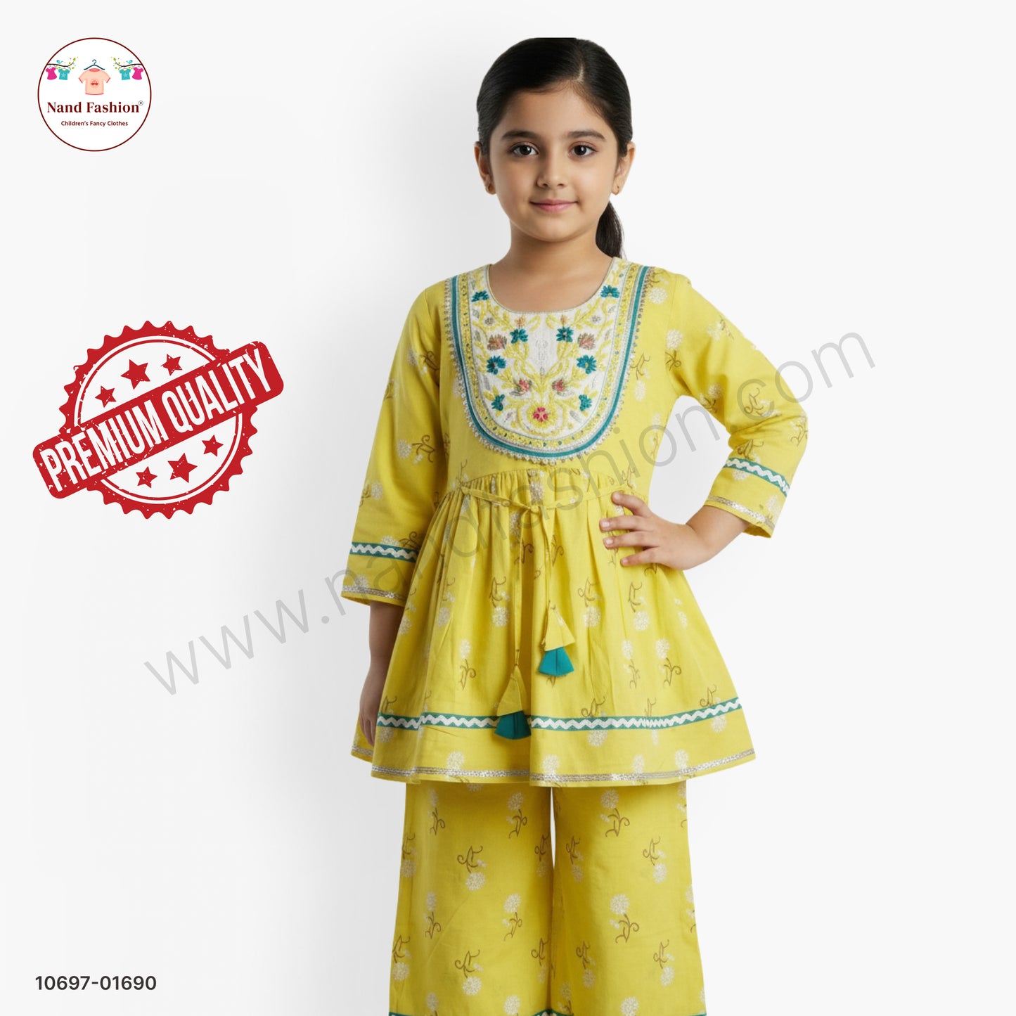Yellow Embroidered Kurti with Plaza Pair  for Girls – Festive Ethnic Wear