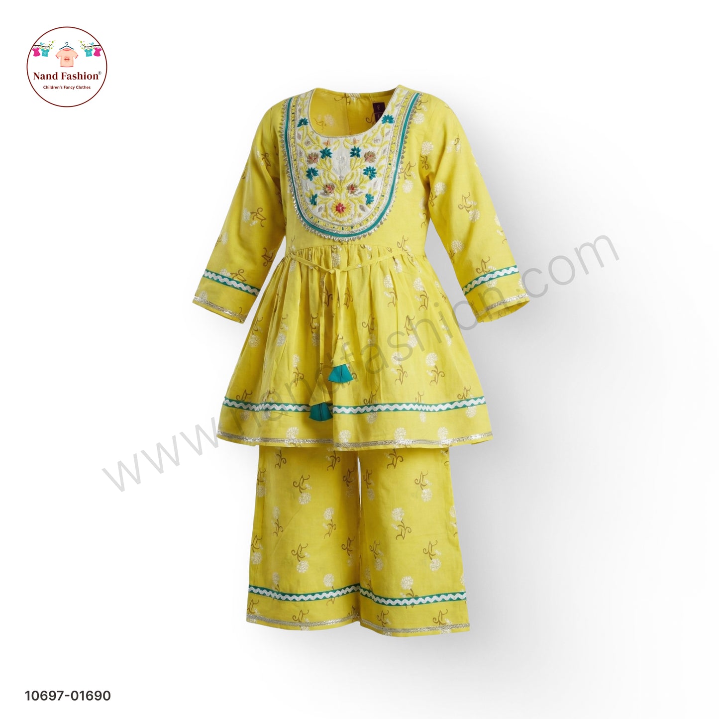 Yellow Embroidered Kurti with Plaza Pair  for Girls – Festive Ethnic Wear
