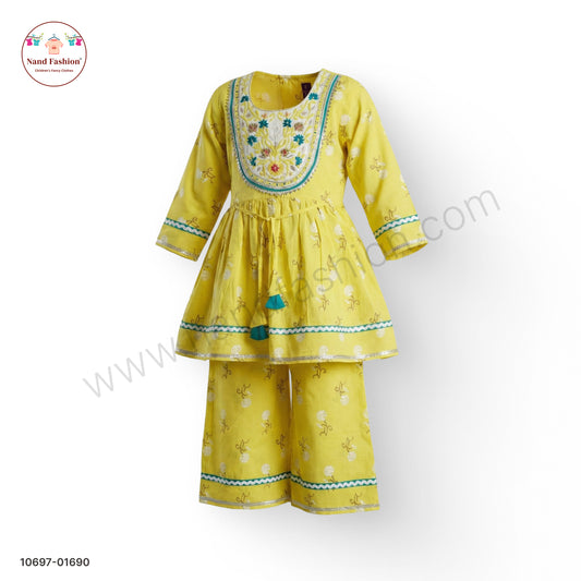 Yellow Embroidered Kurti with Plaza Pair  for Girls – Festive Ethnic Wear
