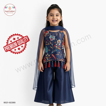 Girls Navy Blue Floral Printed Top with Palazzo Pants & Net Dupatta | Kids Party Wear Plaza Pair