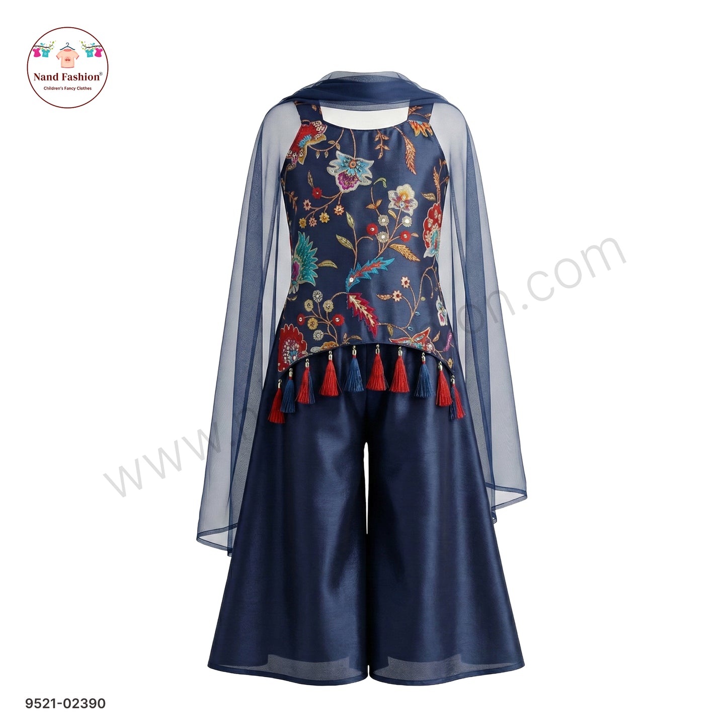 Girls Navy Blue Floral Printed Top with Palazzo Pants & Net Dupatta | Kids Party Wear Plaza Pair