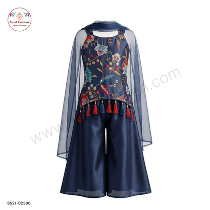 Girls Navy Blue Floral Printed Top with Palazzo Pants & Net Dupatta | Kids Party Wear Plaza Pair