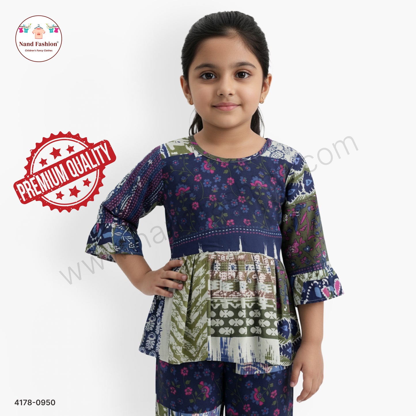 Girls Navy Blue Printed Peplum Top with Straight Pants | Kids Fusion Wear Co-Ord Set