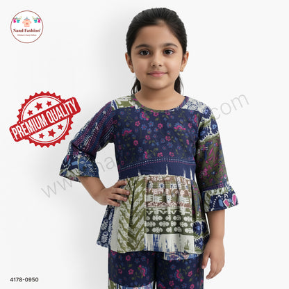 Girls Navy Blue Printed Peplum Top with Straight Pants | Kids Fusion Wear Co-Ord Set