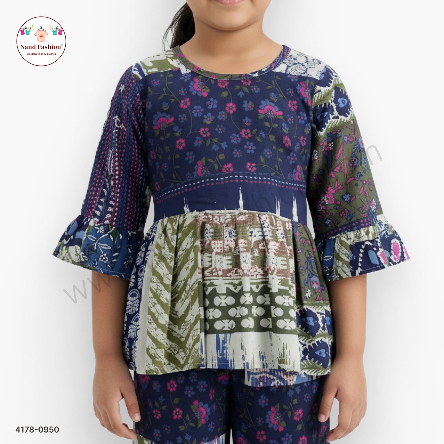 Girls Navy Blue Printed Peplum Top with Straight Pants | Kids Fusion Wear Co-Ord Set