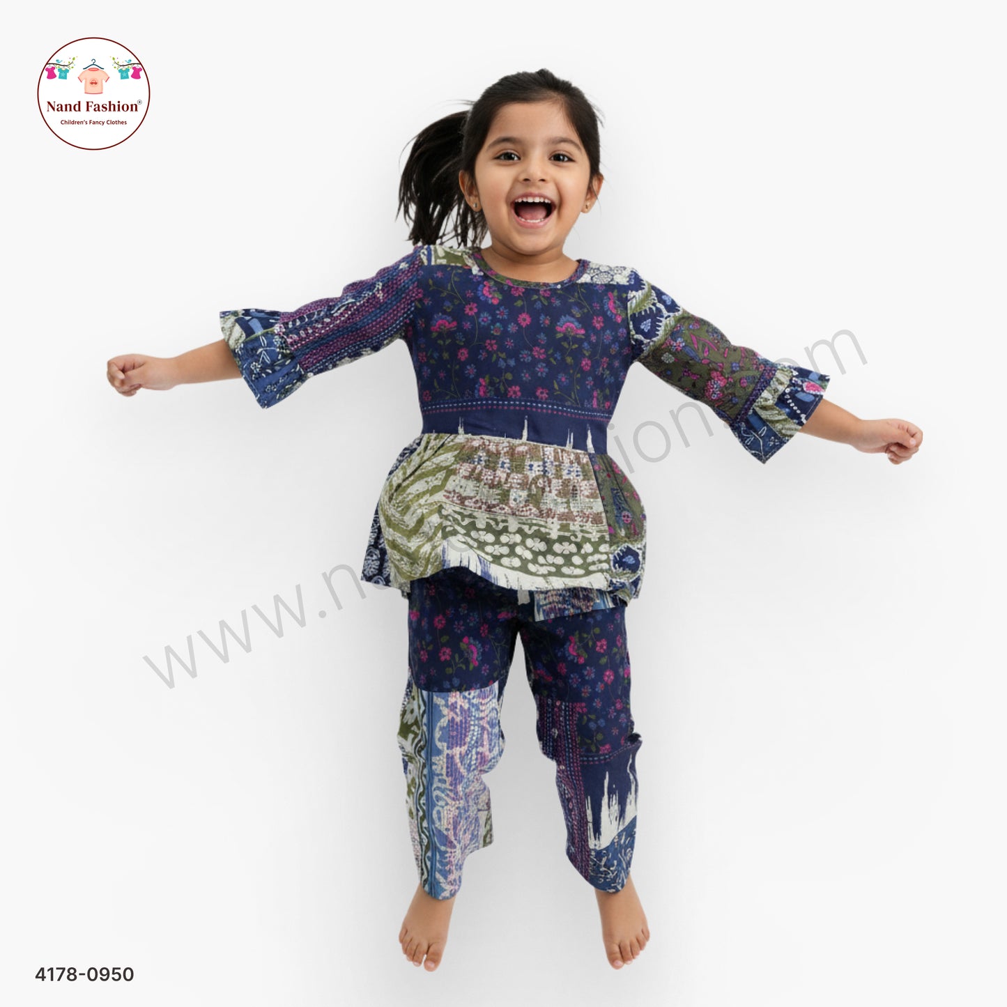 Girls Navy Blue Printed Peplum Top with Straight Pants | Kids Fusion Wear Co-Ord Set