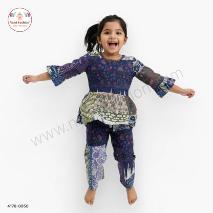 Girls Navy Blue Printed Peplum Top with Straight Pants | Kids Fusion Wear Co-Ord Set