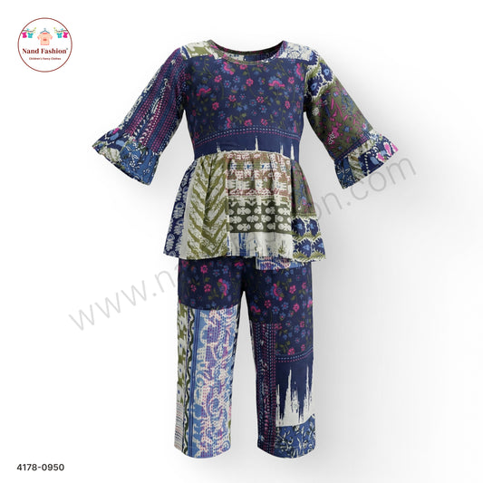 Girls Navy Blue Printed Peplum Top with Straight Pants | Kids Fusion Wear Co-Ord Set