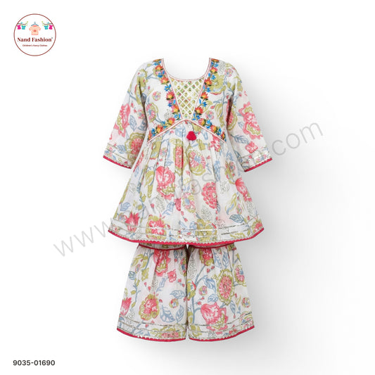 Girls Floral Printed Kurti with Sharara Pants | Kids Ethnic Wear Sharara Pair