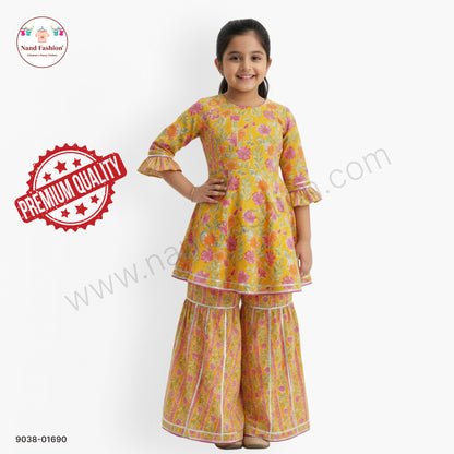 Girls Yellow Floral Printed Kurti with Sharara Pants | Kids Festive Ethnic Wear Sharara Pair