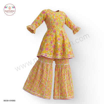 Girls Yellow Floral Printed Kurti with Sharara Pants | Kids Festive Ethnic Wear Sharara Pair