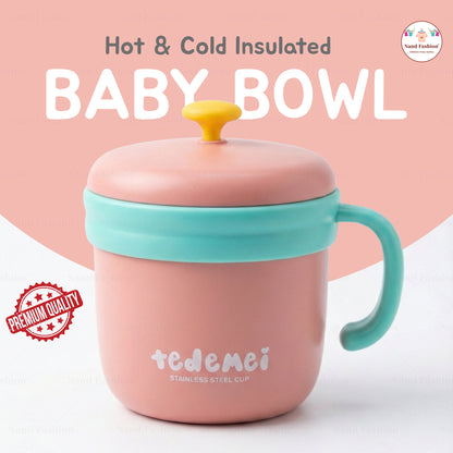 Hot & Cold Insulated Baby Feeding Bowl with Handle | Stainless Steel Baby Food Bowl with Lid in Blue and pink colors