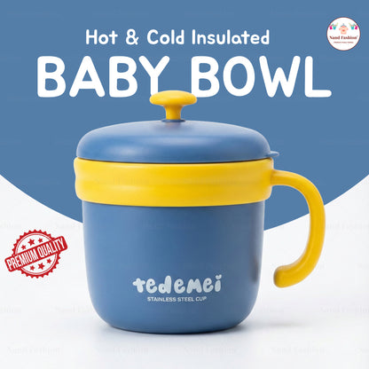 Hot & Cold Insulated Baby Feeding Bowl with Handle | Stainless Steel Baby Food Bowl with Lid in Blue and pink colors