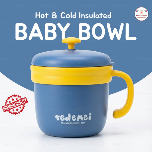 Hot & Cold Insulated Baby Feeding Bowl with Handle | Stainless Steel Baby Food Bowl with Lid in Blue and pink colors