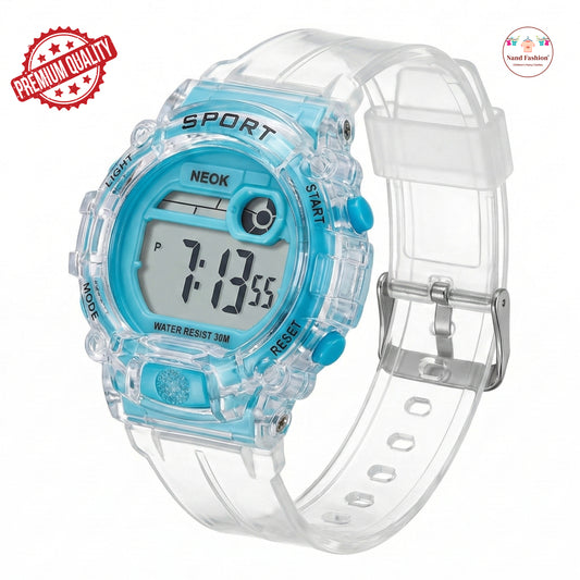 Kids Digital Sports Watch | Transparent Strap | Waterproof 30M | Multi-Function LED Display