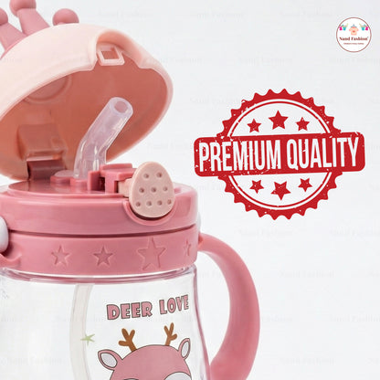 Kids Water Bottle with Straw & Handle | Leak-Proof Cartoon Sipper Bottle for Toddlers in pink and Dark Green