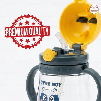 Kids Water Bottle with Straw & Handle | Leak-Proof Cartoon Sipper Bottle for Toddlers in pink and Dark Green