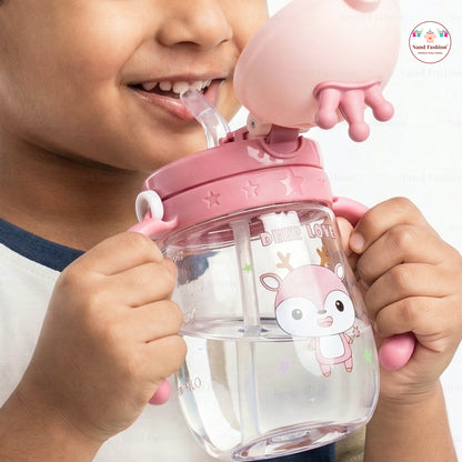 Kids Water Bottle with Straw & Handle | Leak-Proof Cartoon Sipper Bottle for Toddlers in pink and Dark Green