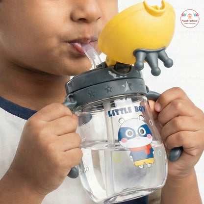 Kids Water Bottle with Straw & Handle | Leak-Proof Cartoon Sipper Bottle for Toddlers in pink and Dark Green