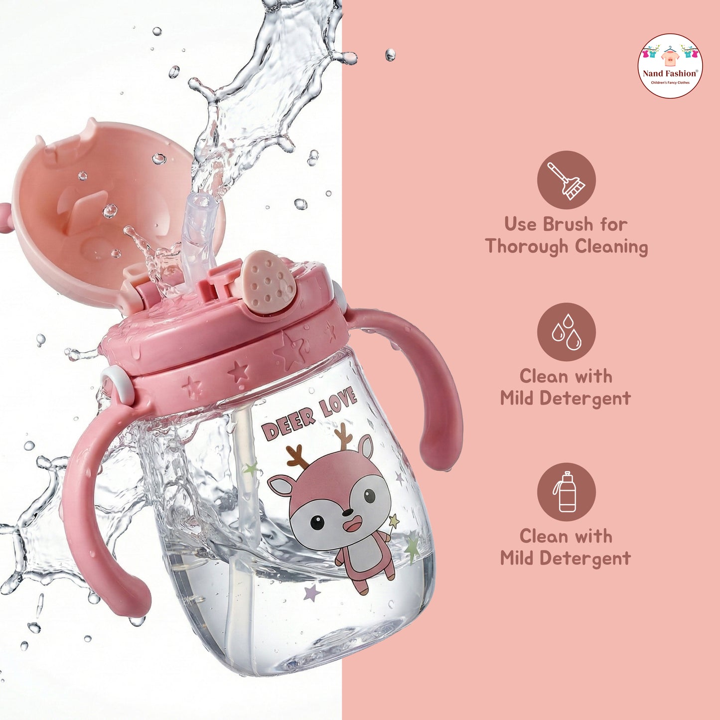 Kids Water Bottle with Straw & Handle | Leak-Proof Cartoon Sipper Bottle for Toddlers in pink and Dark Green