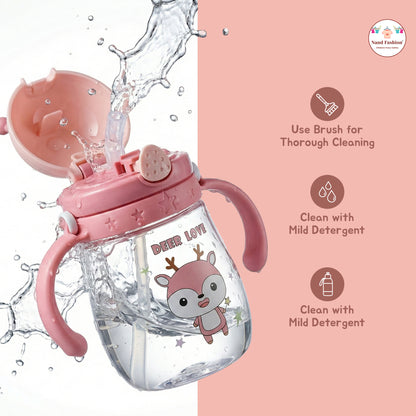 Kids Water Bottle with Straw & Handle | Leak-Proof Cartoon Sipper Bottle for Toddlers in pink and Dark Green
